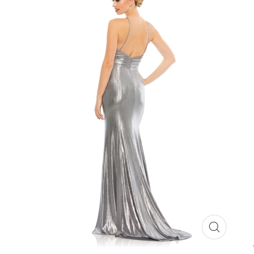 Mac Duggal METALLIC FAUX WRAP SPAGHETTI STRAP GOWN